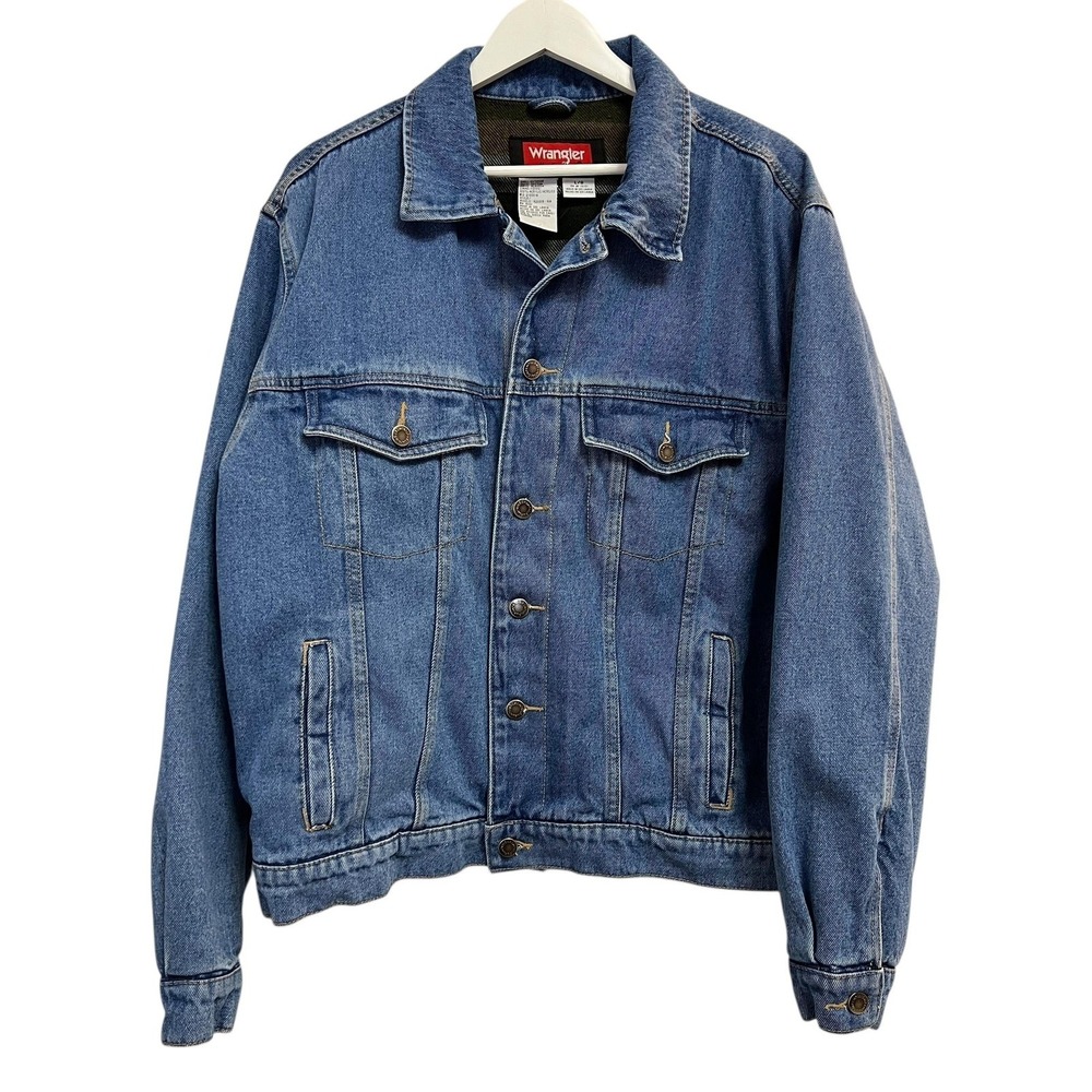 Wrangler Hero Jacket Mens Large Blue Denim Plaid Flannel Lined Trucker Coat Jean